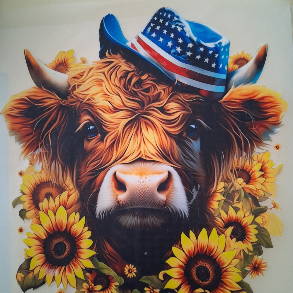 Sunflower Cow Print Tote Bag with American Flag Hat - Yellow Blue